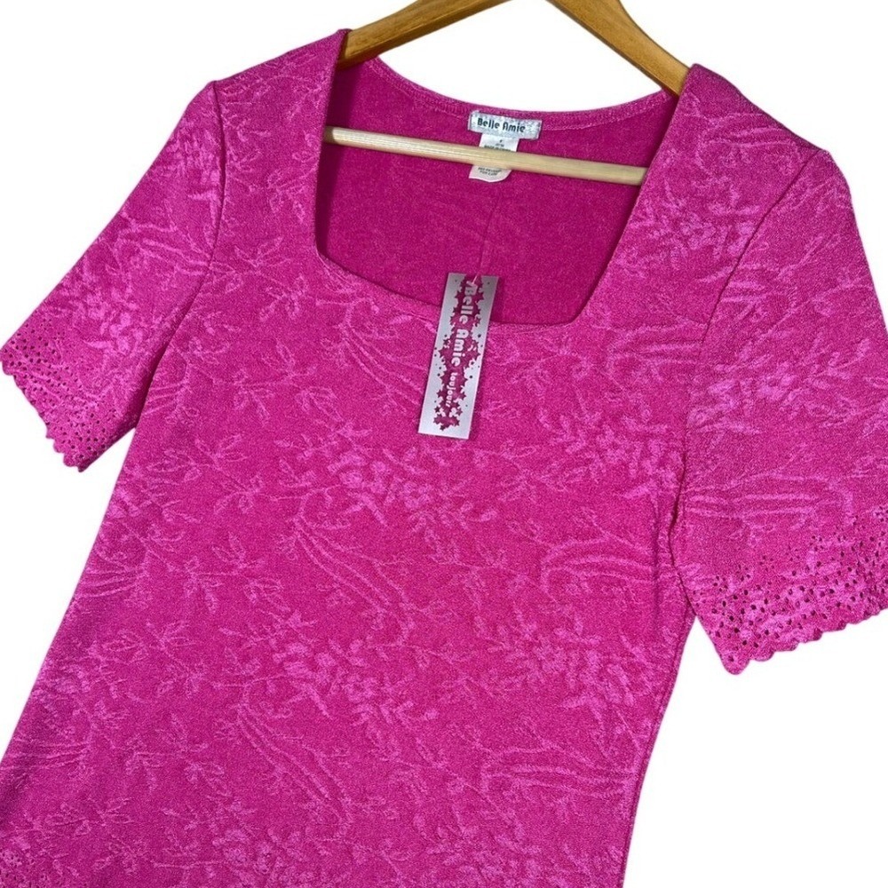 Y2K Lace‎ Floral Textured Square Neck Top Hot Pink S Short Sleeve Cottage